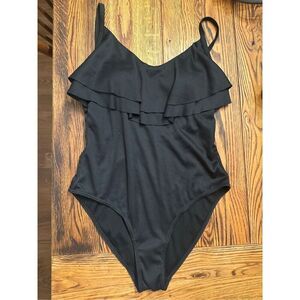 Primark Black Ribbed Textured Ruffled Tummy Control One Piece Swimsuit Size 6